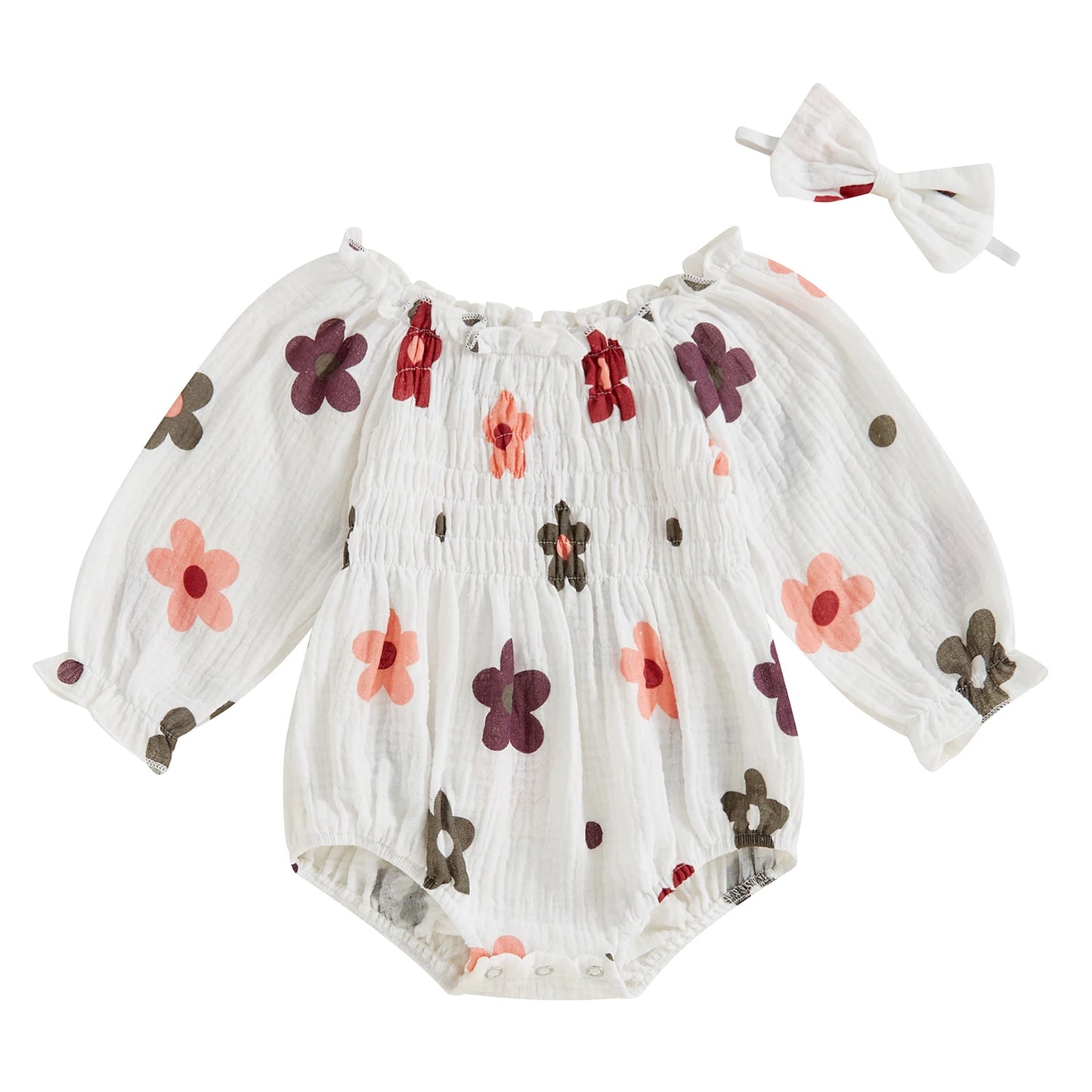 Autumn Floral Ruffled Bodysuit Set for Baby Girls with Headband