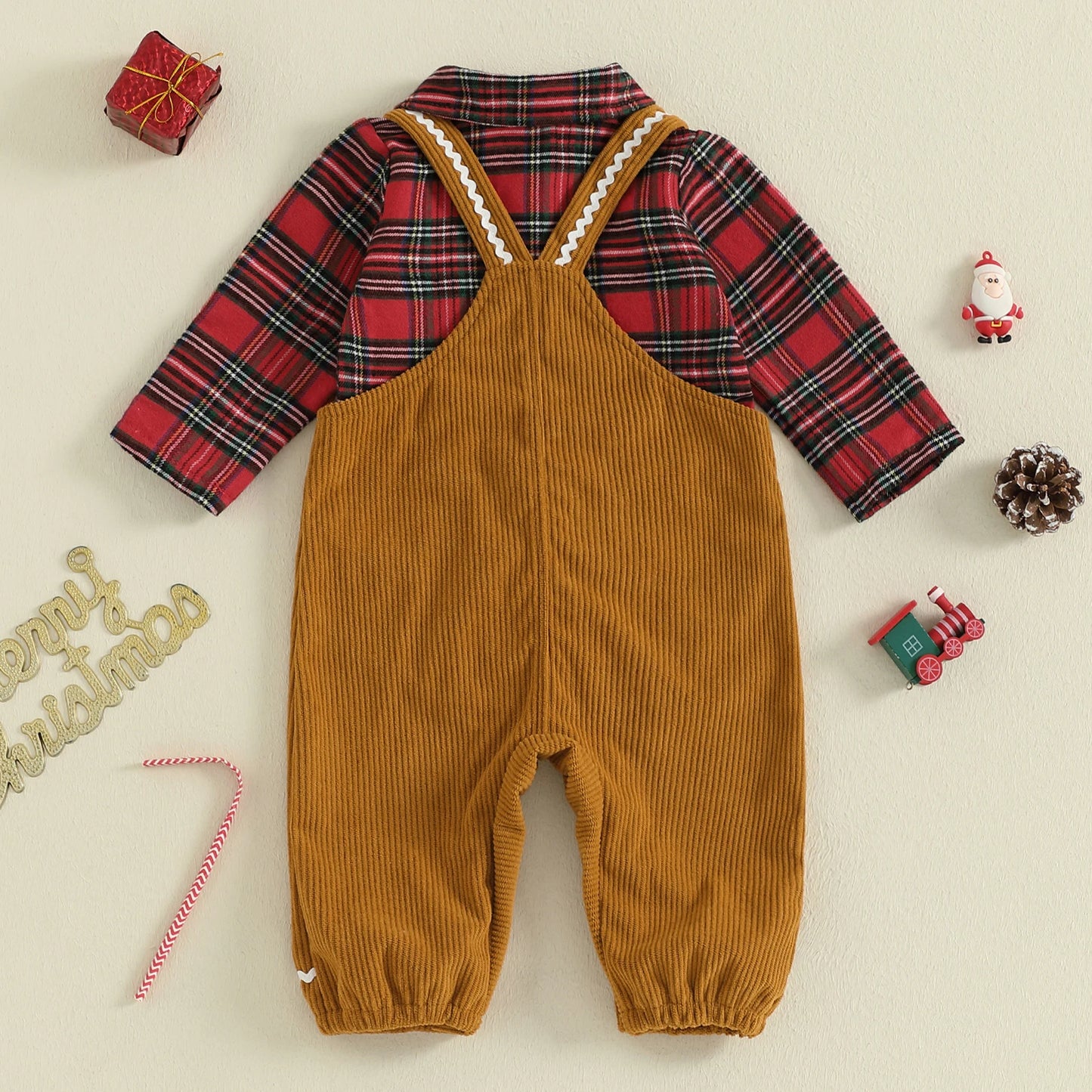 Baby Boys Christmas Plaid Romper with Gingerbread Embroidery