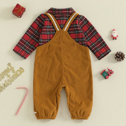 Baby Boys Christmas Plaid Romper with Gingerbread Embroidery