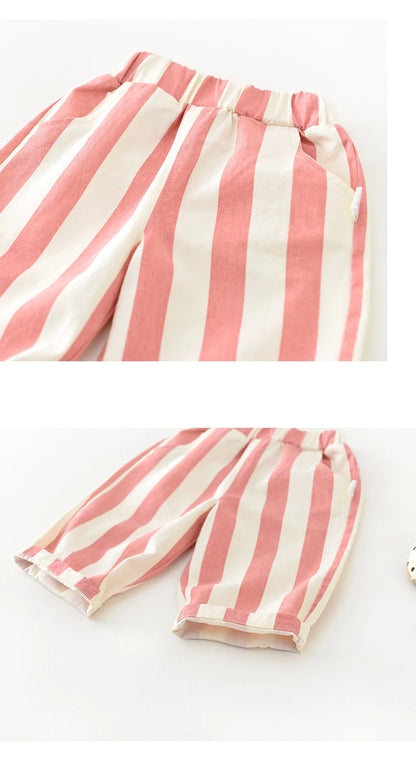 Kids' Loose Striped Cotton Pants with Pockets for Outdoor Play