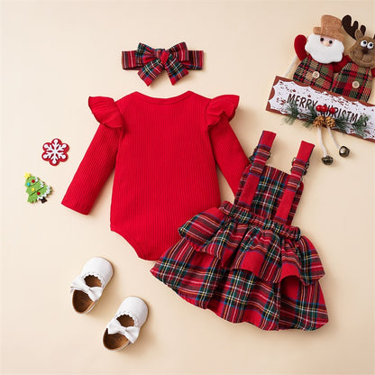 Baby Girl Christmas Outfit Set with Ruffle Romper & Skirt