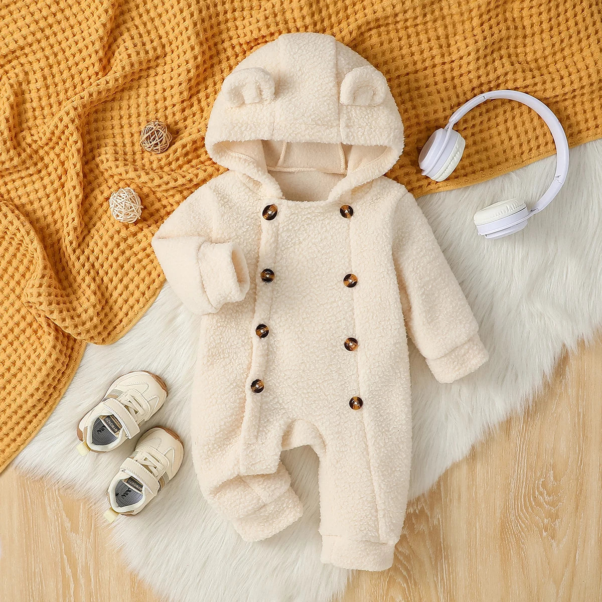 Cozy Fleece Hooded Jumpsuit for Newborns 3M-24M