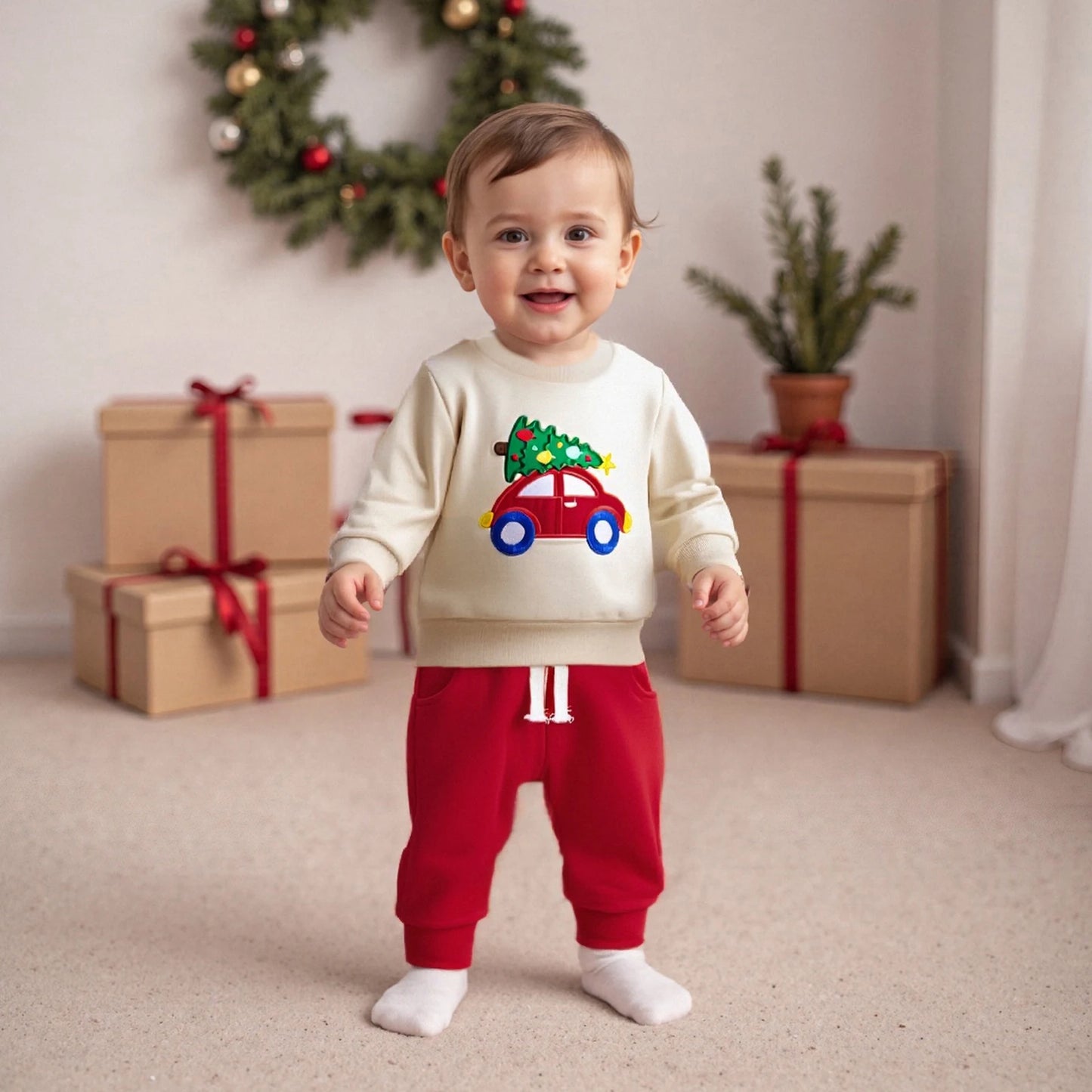 Toddler Boy Christmas Sweatshirt and Jogger Set with Tree Car