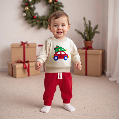 Toddler Boy Christmas Sweatshirt and Jogger Set with Tree Car