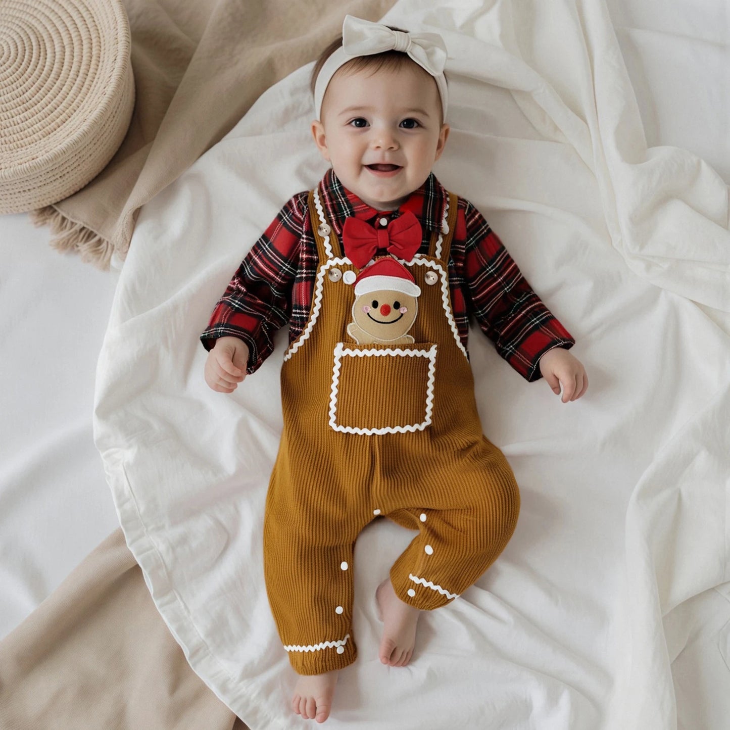 Baby Boys Christmas Plaid Romper with Gingerbread Embroidery