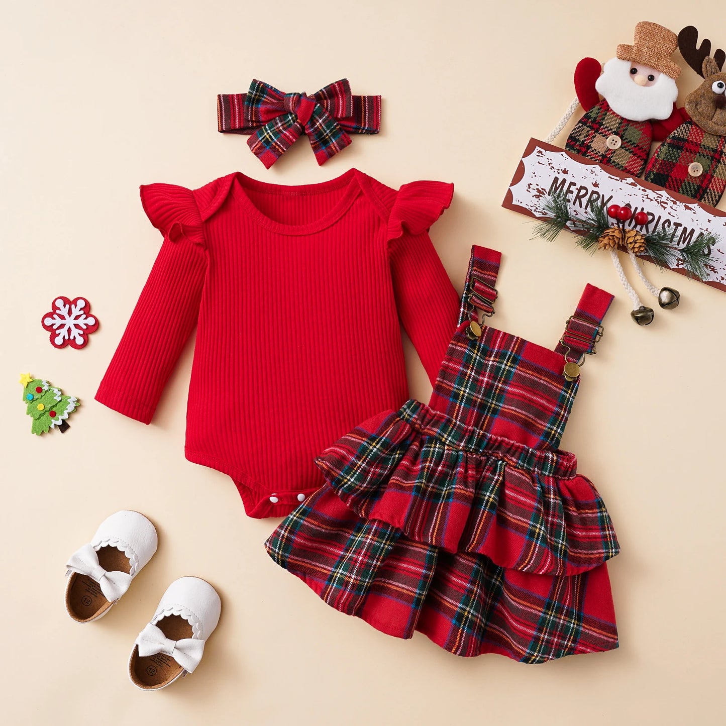 Baby Girl Christmas Outfit Set with Ruffle Romper & Skirt