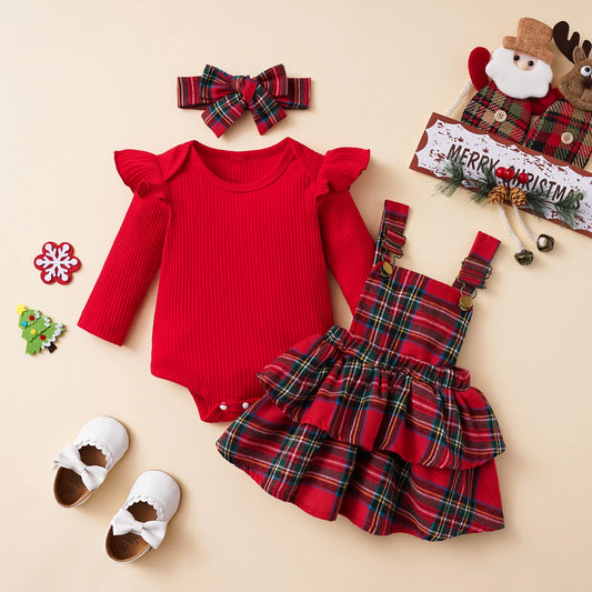 Baby Girl Christmas Outfit Set with Ruffle Romper & Skirt