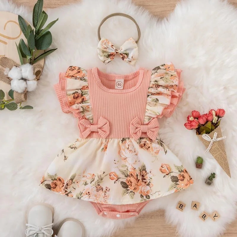 Cotton Striped Baby Girl Dress with Bowknot Headband