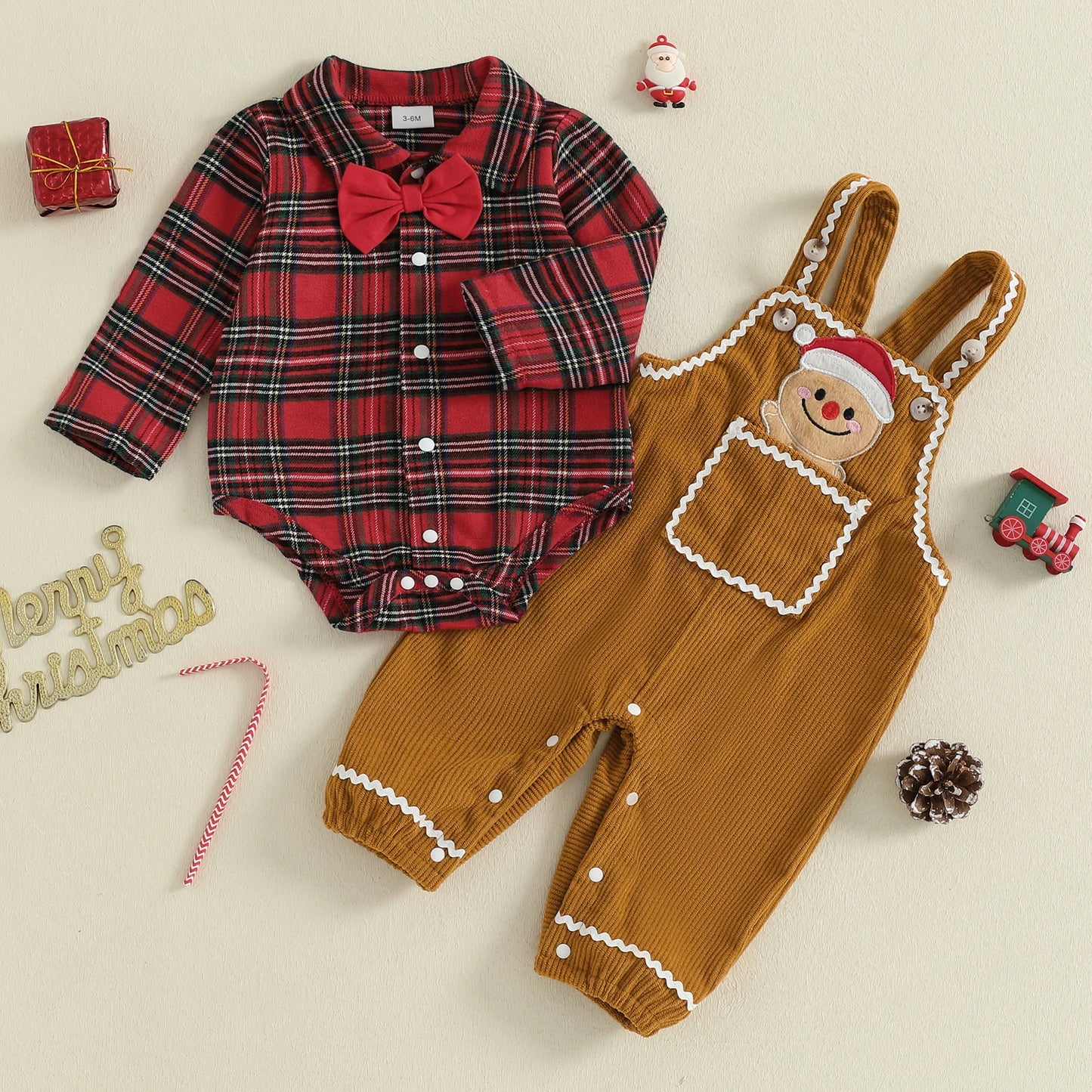 Baby Boys Christmas Plaid Romper with Gingerbread Embroidery