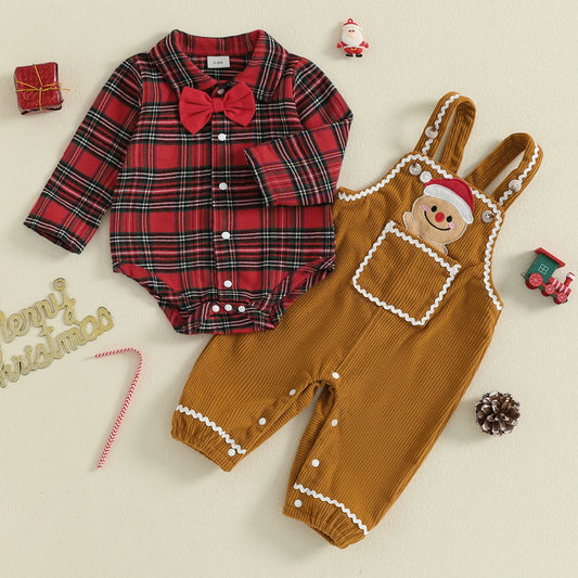 Baby Boys Christmas Plaid Romper with Gingerbread Embroidery