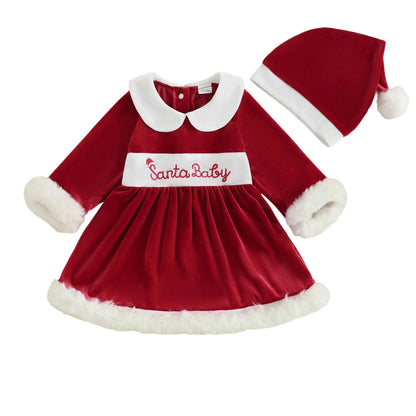 Baby Girl Christmas Velvet Dress with Santa Hat Set