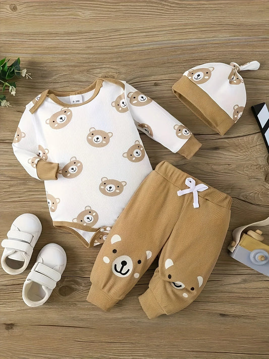 Cute Little Bear Print Baby Boy Jumpsuit, Pants, & Hat Set