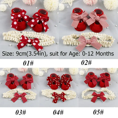 Newborn Baby Headband and Anti-Slip Bow Socks Set
