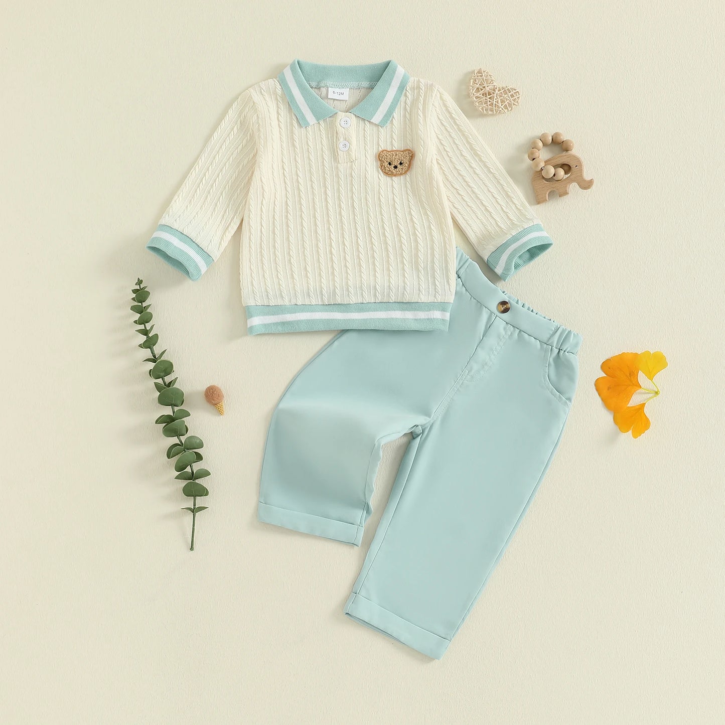 Baby Boy's Bear Embroidered Sweatshirt and Pants Set