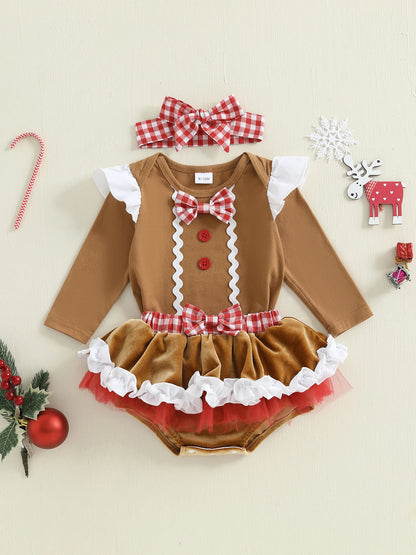 Newborn Baby Girl Gingerbread Christmas Romper & Headband Set