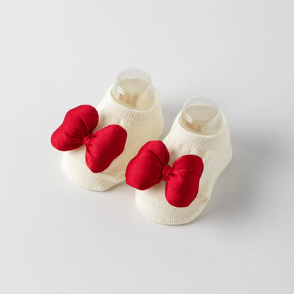 Cotton Baby Socks with Red Bow for Newborns 0-3 Years