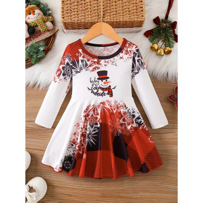 Toddler Girl's Cartoon Snowman Long Sleeve Christmas Dress