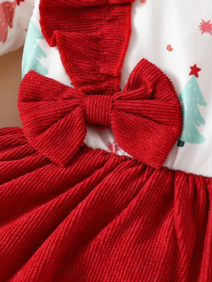Tree Print Red Corduroy Baby Girl Dress for New Year's Eve