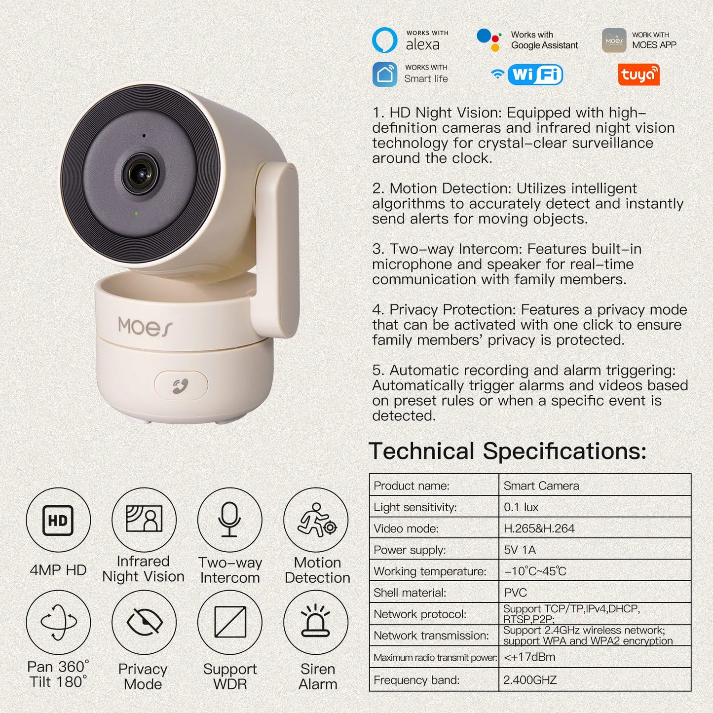 4MP WiFi Indoor Pan/Tilt Security Camera with Night Vision
