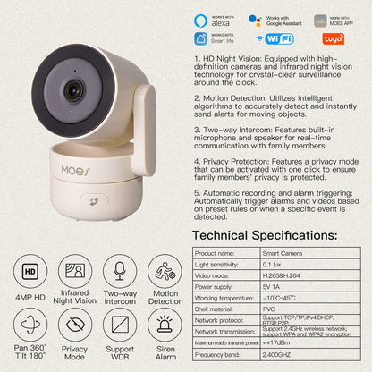 4MP WiFi Indoor Pan/Tilt Security Camera with Night Vision