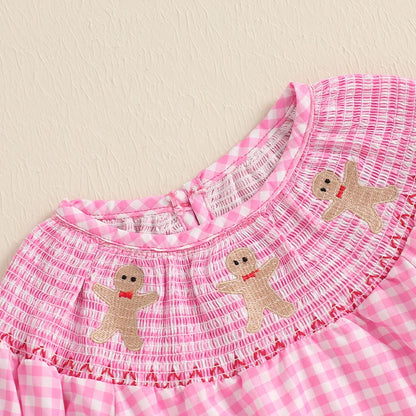 Baby Girl Christmas Plaid Bubble Romper with Embroidery