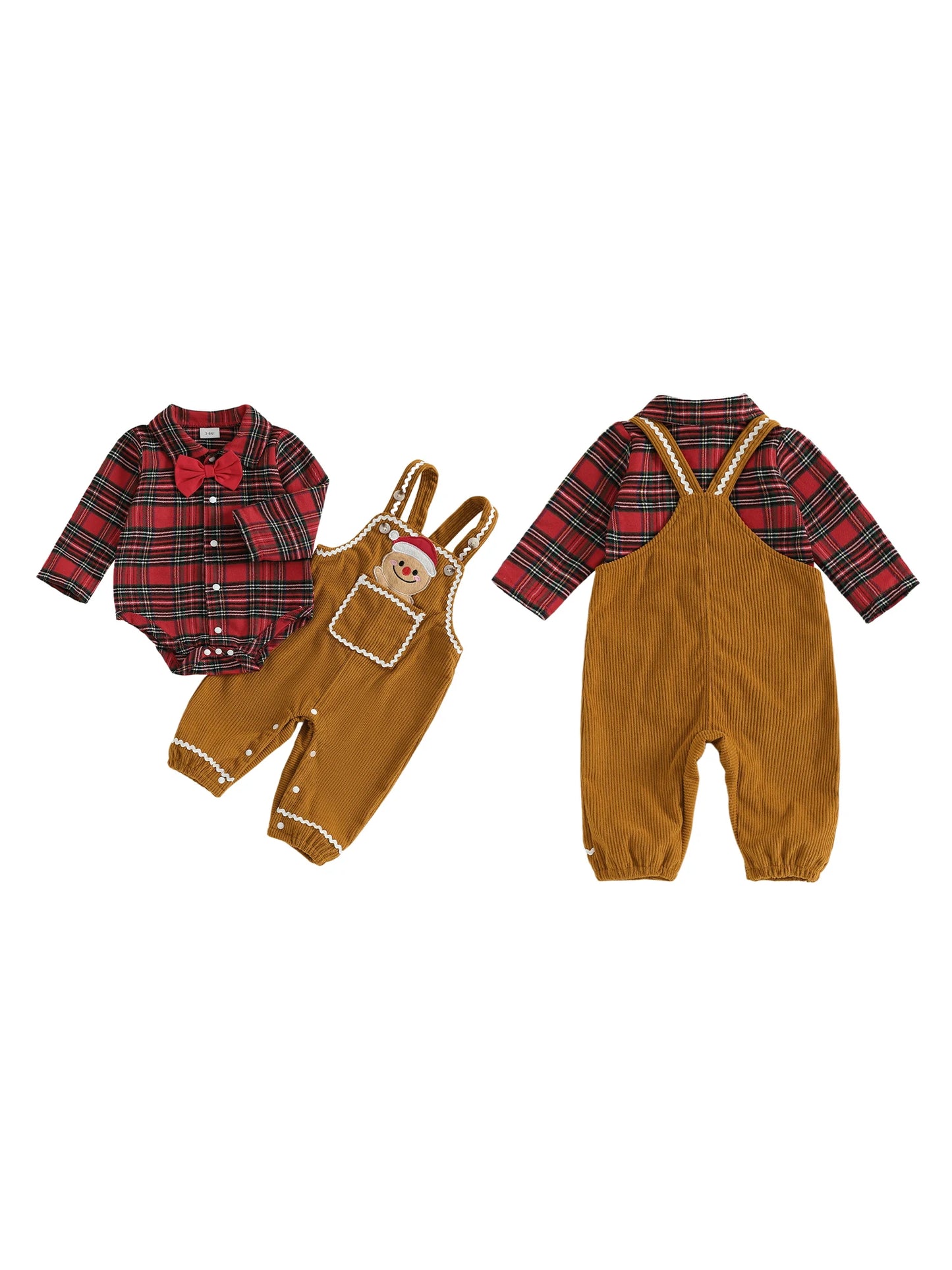 Baby Boys Christmas Plaid Romper with Gingerbread Embroidery