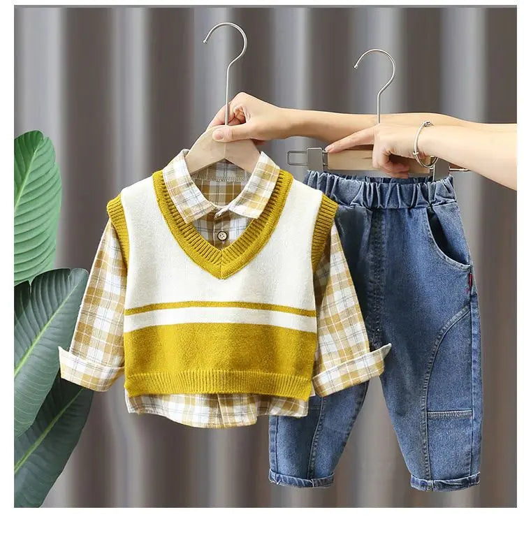 Boys' 3-Piece Autumn Outfit Set: Vest, Shirt & Jeans