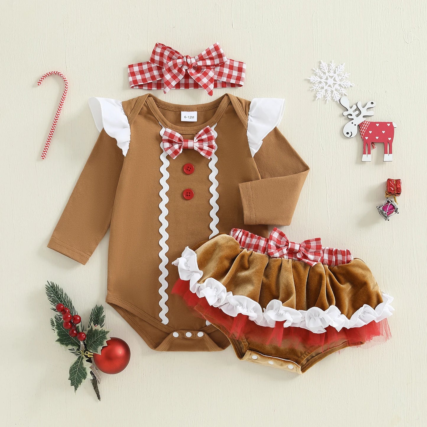 Newborn Baby Girl Gingerbread Christmas Romper & Headband Set