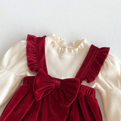 Burgundy Velvet Baby Romper with Bow and Ruffle 0-24M