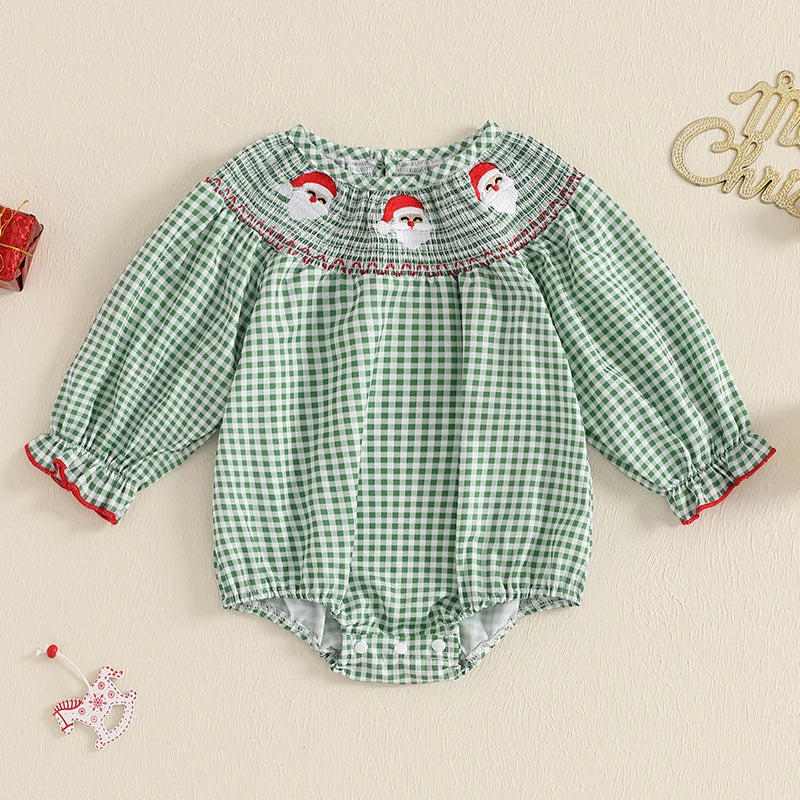 Baby Girl Christmas Plaid Bubble Romper with Embroidery