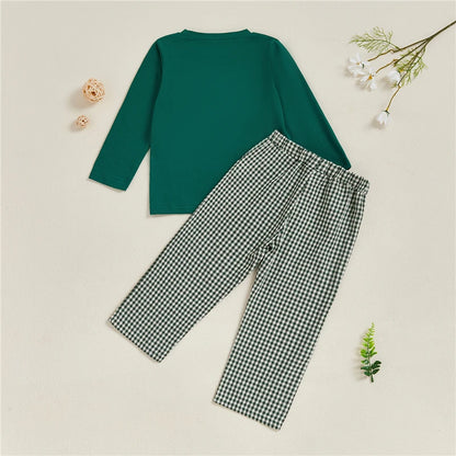Toddler Boy Duck Embroidered Long Sleeve Top and Plaid Pants Set