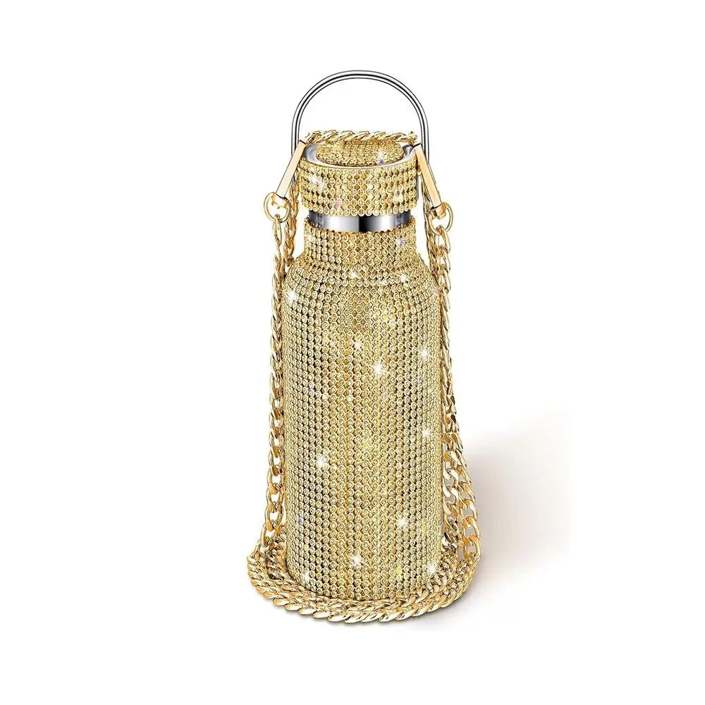 Rhinestone Stainless Steel Water Bottle with Carrying Strap