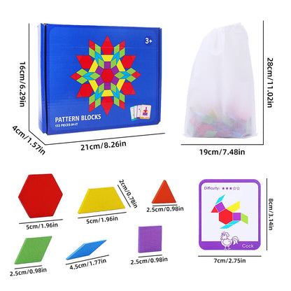 Wooden Geometric Pattern Blocks Set for Kids - 155 Pieces