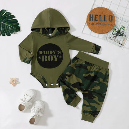 Baby Boy Hoodie and Camouflage Pants Set for Spring and Autumn
