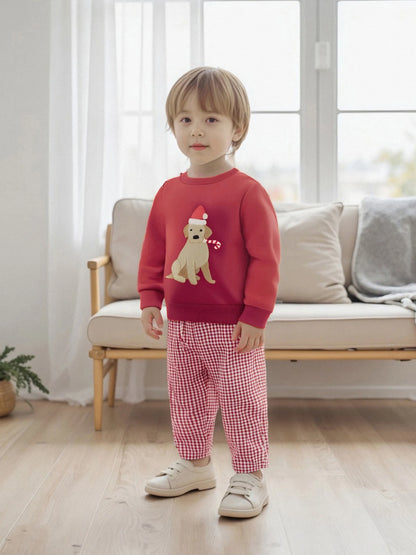 Toddler Boys' Dog Embroidered Sweatshirt & Plaid Pants Set