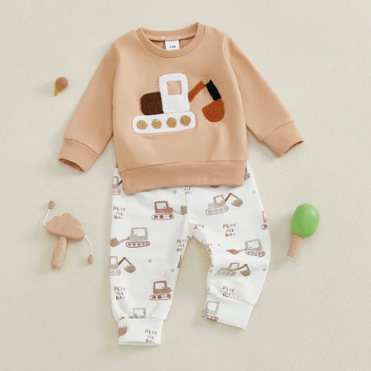 Baby Boys Fall Outfit Set - Car Embroidery Sweatshirt & Pants