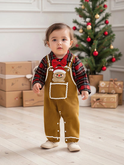 Baby Boys Christmas Plaid Romper with Gingerbread Embroidery