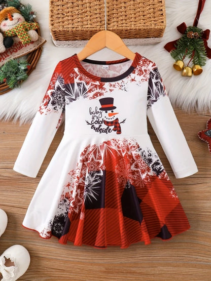 Toddler Girl's Cartoon Snowman Long Sleeve Christmas Dress