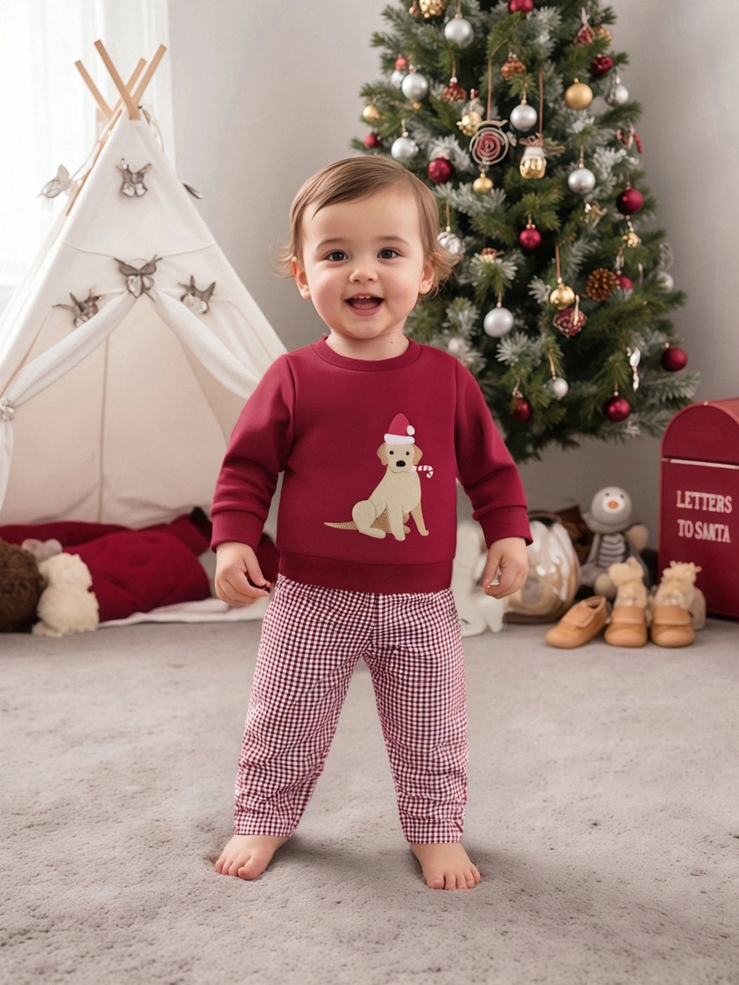 Toddler Boys' Dog Embroidered Sweatshirt & Plaid Pants Set