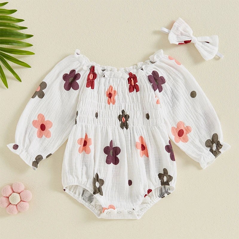 Autumn Floral Ruffled Bodysuit Set for Baby Girls with Headband