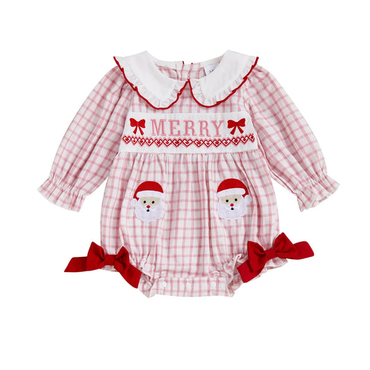 Christmas Baby Girl Bodysuit with Santa Embroidery and Collar