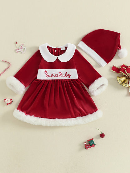 Baby Girl Christmas Velvet Dress with Santa Hat Set