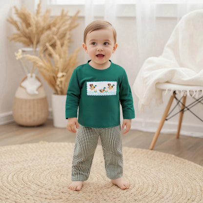Toddler Boy Duck Embroidered Long Sleeve Top with Plaid Pants Set