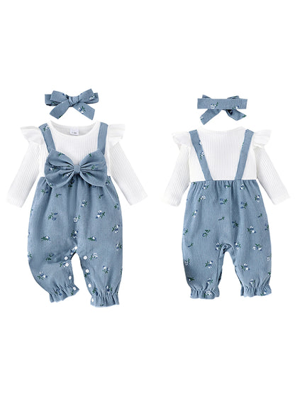 Floral Long Sleeve Romper Set for Baby Girls with Bow Headband