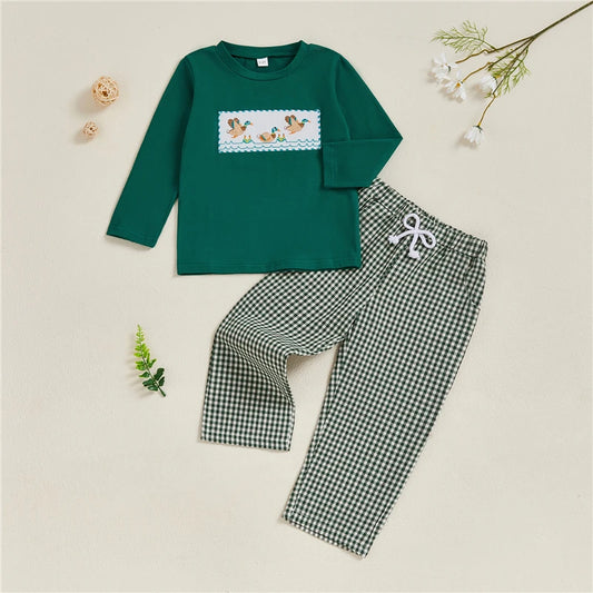 Toddler Boy Duck Embroidered Long Sleeve Top and Plaid Pants Set
