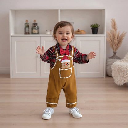 Baby Boys Christmas Plaid Romper with Gingerbread Embroidery