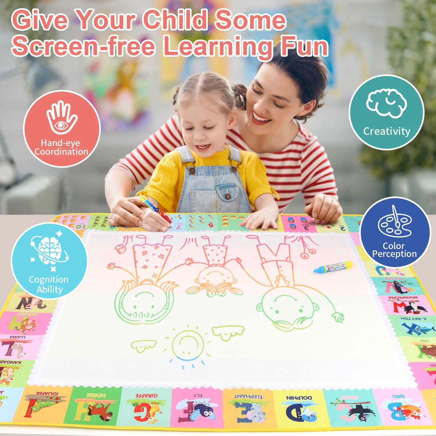 Water Drawing Mat for Kids with Reusable Magic Pens