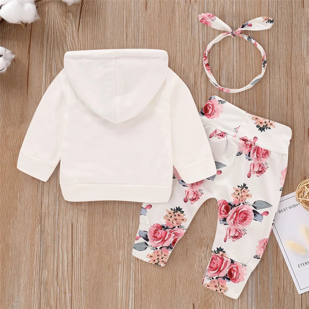 3PCS Baby Girl Floral Hooded Set with Headband 0-18 Months