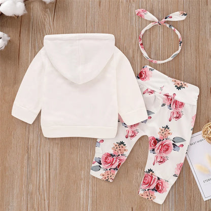 3PCS Baby Girl Floral Hooded Set with Headband 0-18 Months