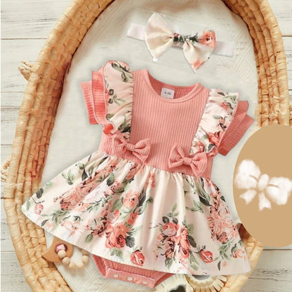 Cotton Striped Baby Girl Dress with Bowknot Headband